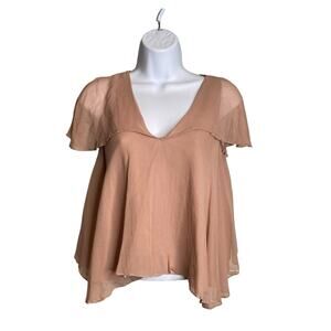 Miguelina‎ Women's Nude Pink Silk Sheer Overlay Blouse Size S Coquette Flowy